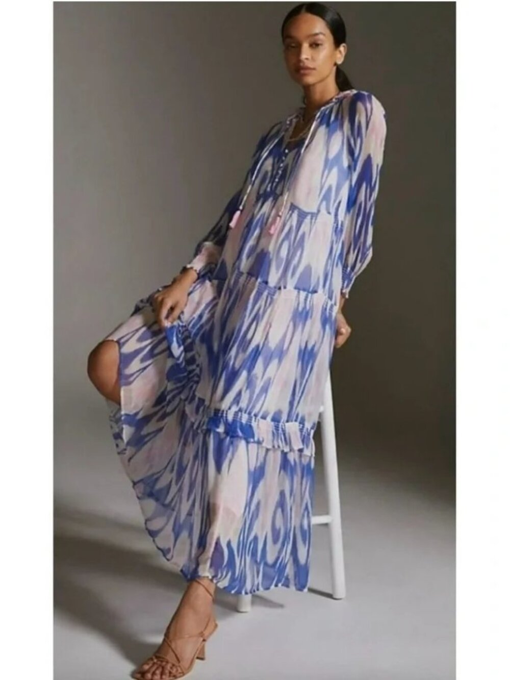 Anthropologie The Marais Printed Chiffon Maxi Dress Long Sleeve. SZ XSP